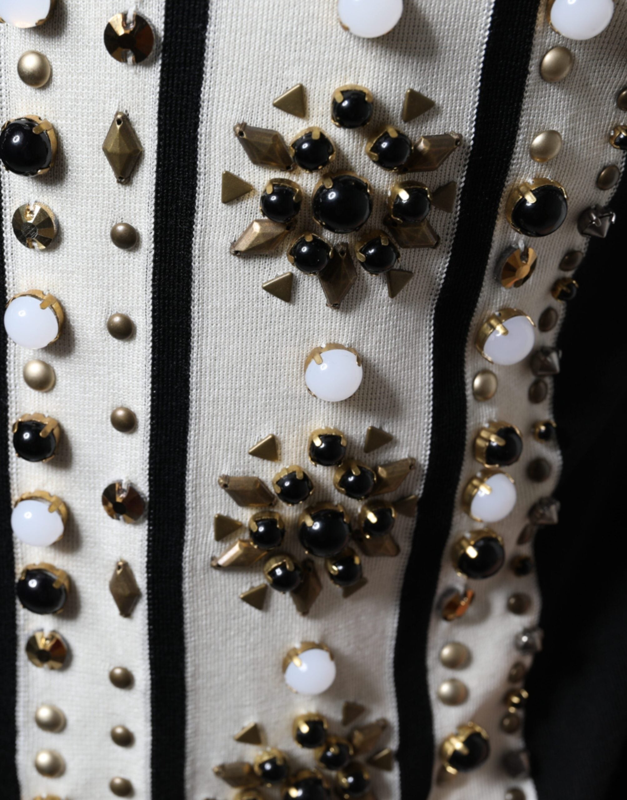 Dolce & Gabbana Beyaz Siyah İpek Gömlek, Çivili ve Taş Kristalli